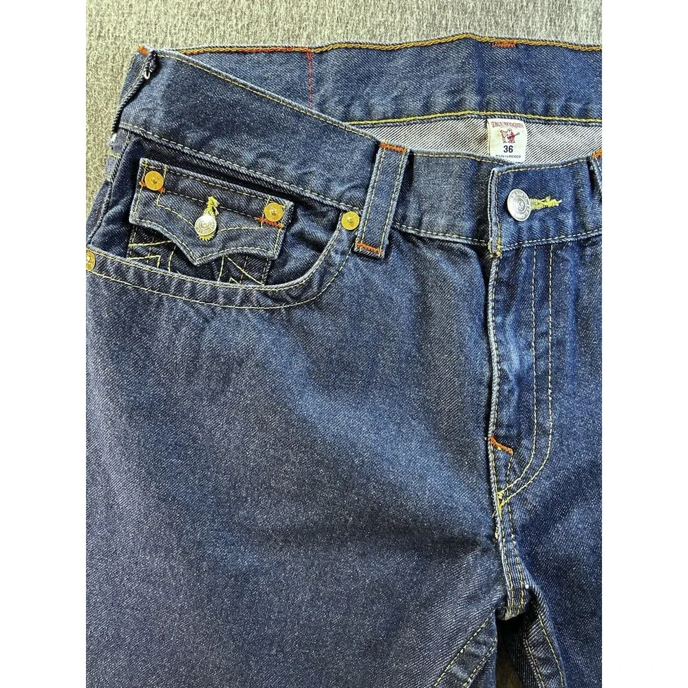 229$ True Religion World Tour Body Rinse Straight Flap Dark Wash Jeans Sz 36x34